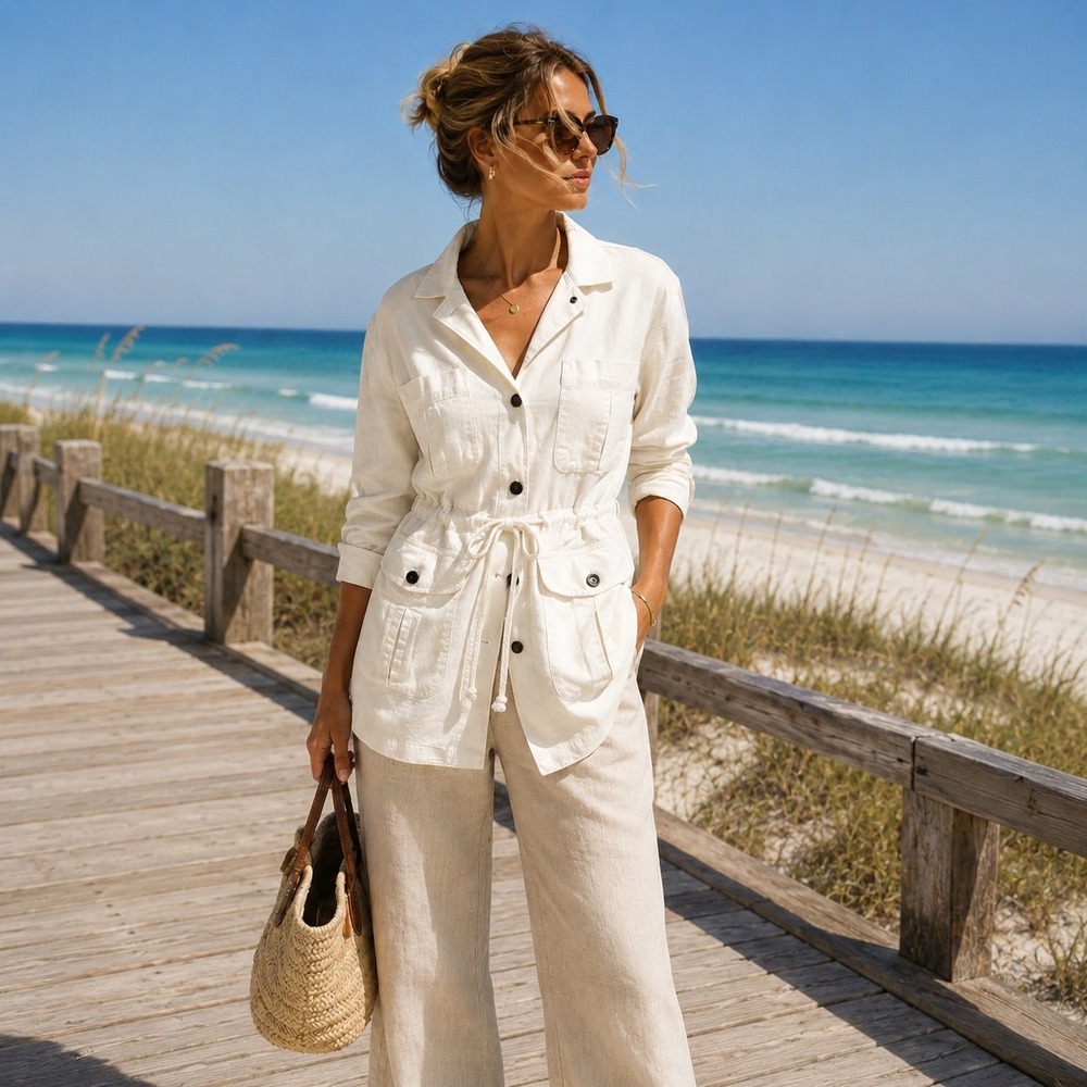 Faherty Larkspur Jacket L NWT White Linen Cotton Safari Coastal Utility $248